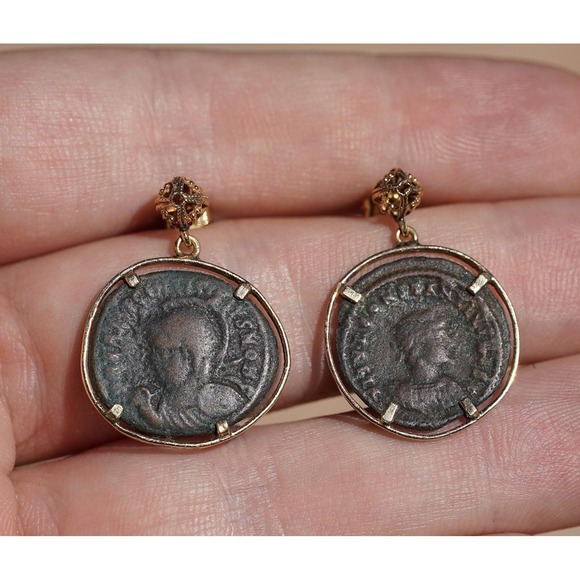 Romance Was Born Jewelry - 14k Solid Yellow Gold Roman Coin‎ Dangle Earrings Authentic Bronze Vintage Style